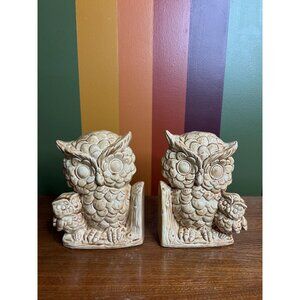 Owl mama and baby ceramic vintage bookends - CHIPPED